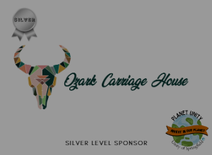 Image of Ozark Carriage HOuse logo, planet unity logo, a silver metal, the words "silver level sponsor."