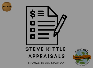 Image of a generic appraisal logo and the words "Steve Kittle Appraisals," "planet unity logo, a silver metal, and the words "Silver Level Sponsor"