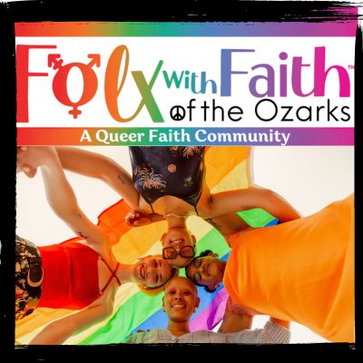 Folx with faith logo and four people standing under a pride flag.