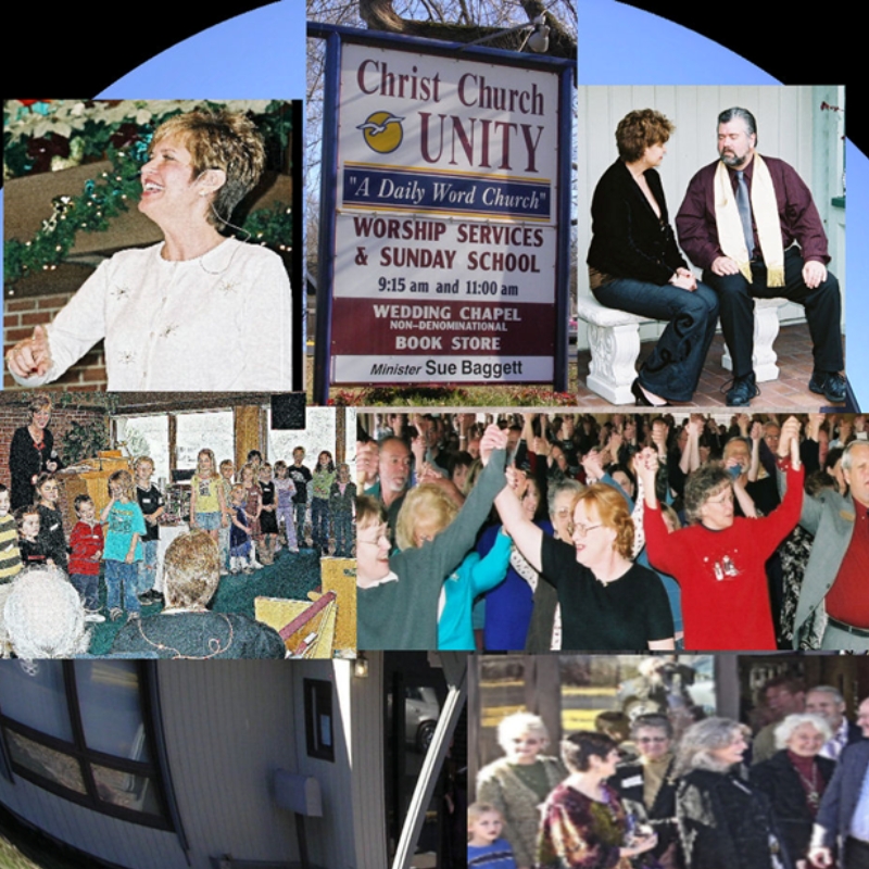 Variety of images including the Christ Church unity sign, Sue Baggett-Day, the minister, and congregation.