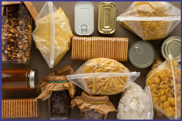 A top down view of a table with dry goods and other pantry items.